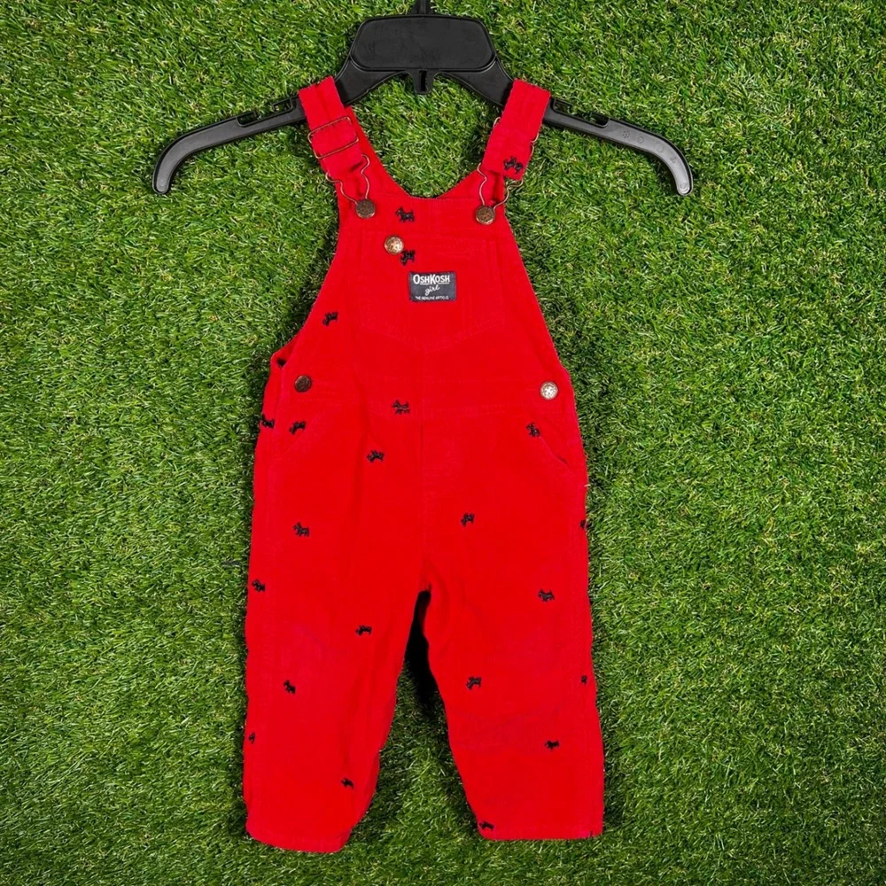 Vintage OshKosh Bgosh Red Corduroy Scottie Dog‎ Embroidered Overalls 18M